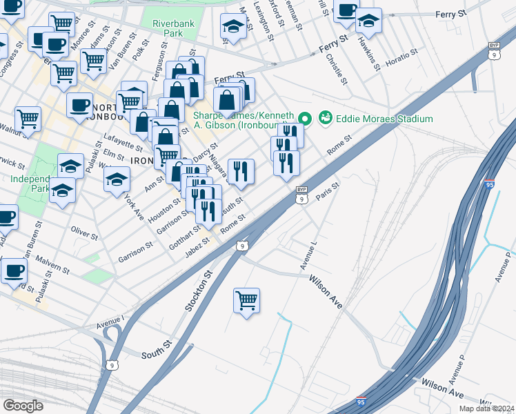 map of restaurants, bars, coffee shops, grocery stores, and more near 75 Rome Street in Newark