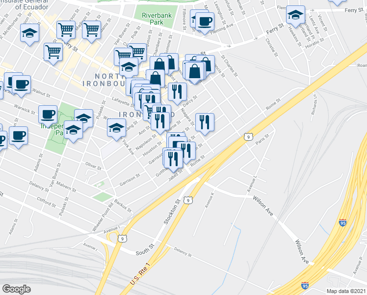 map of restaurants, bars, coffee shops, grocery stores, and more near 30 Barbara Street in Newark