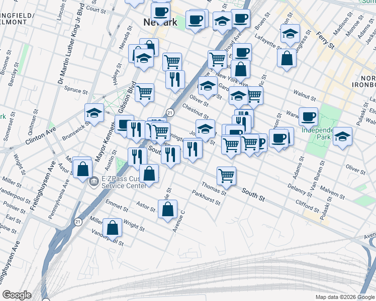 map of restaurants, bars, coffee shops, grocery stores, and more near 123 Pennington Street in Newark