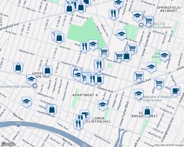 map of restaurants, bars, coffee shops, grocery stores, and more near 83 Chadwick Avenue in Newark