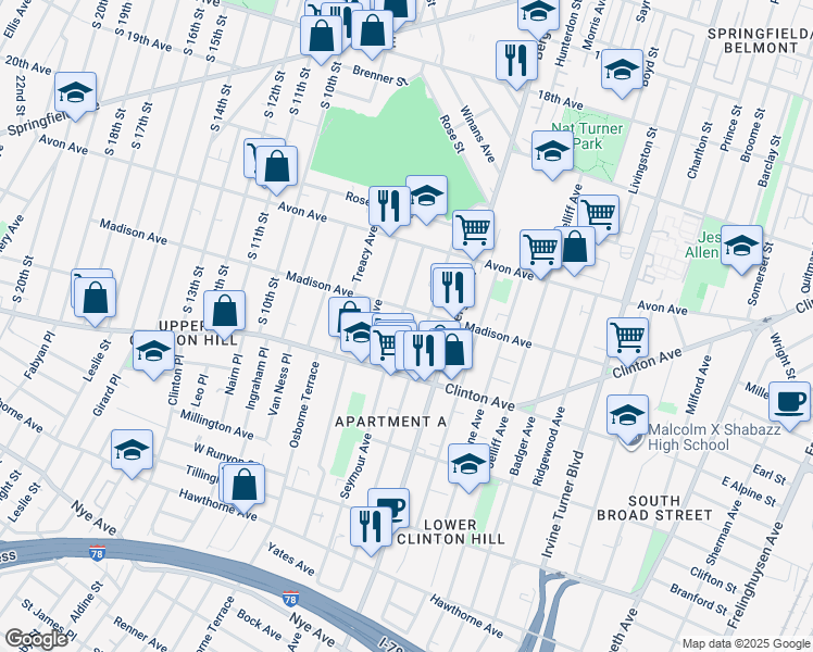map of restaurants, bars, coffee shops, grocery stores, and more near 59 Seymour Avenue in Newark