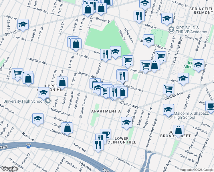 map of restaurants, bars, coffee shops, grocery stores, and more near 59 Seymour Avenue in Newark