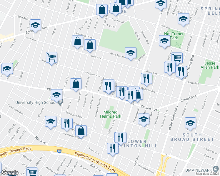 map of restaurants, bars, coffee shops, grocery stores, and more near 84 Treacy Avenue in Newark