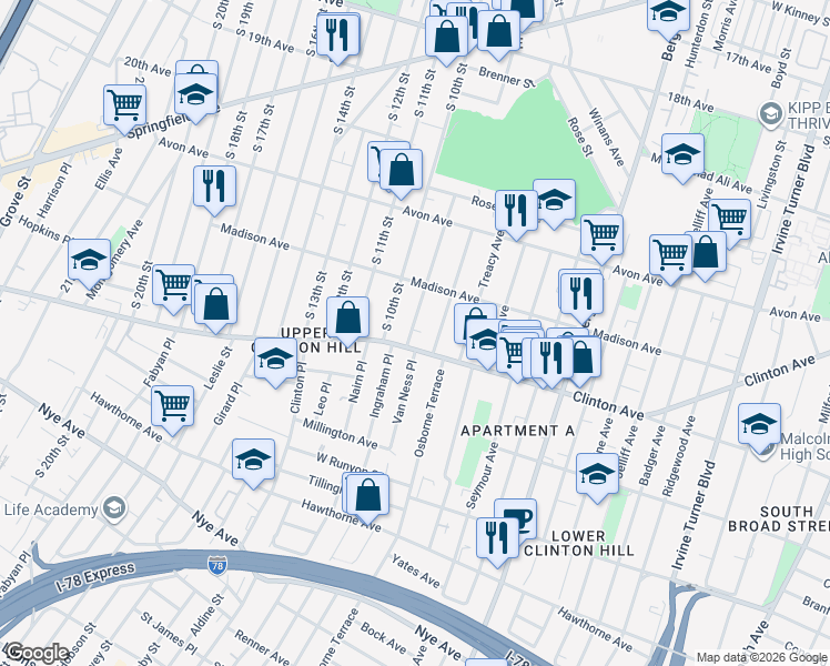 map of restaurants, bars, coffee shops, grocery stores, and more near 822-824 South 10th Street in Newark