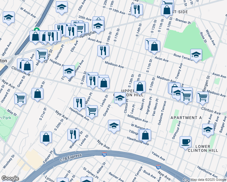 map of restaurants, bars, coffee shops, grocery stores, and more near in Newark