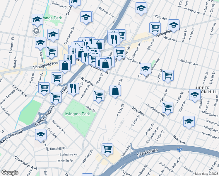 map of restaurants, bars, coffee shops, grocery stores, and more near 136 Maple Avenue in Irvington
