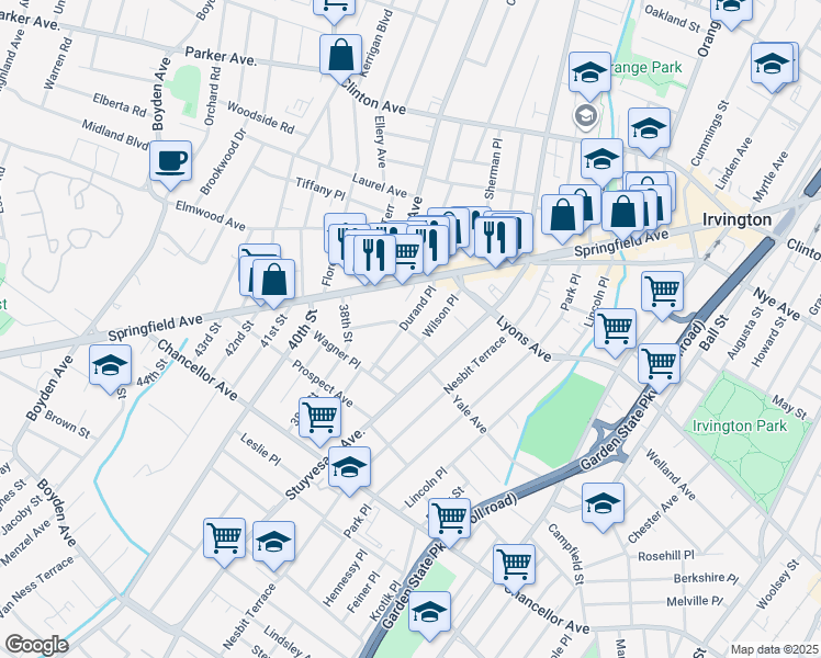 map of restaurants, bars, coffee shops, grocery stores, and more near 36 Durand Place in Irvington