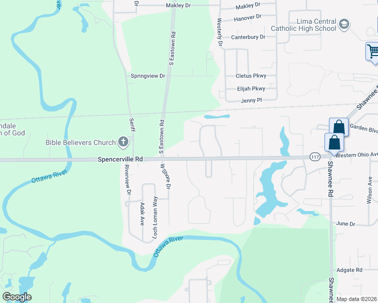 map of restaurants, bars, coffee shops, grocery stores, and more near 3147 Spring Blossoms Court in Lima