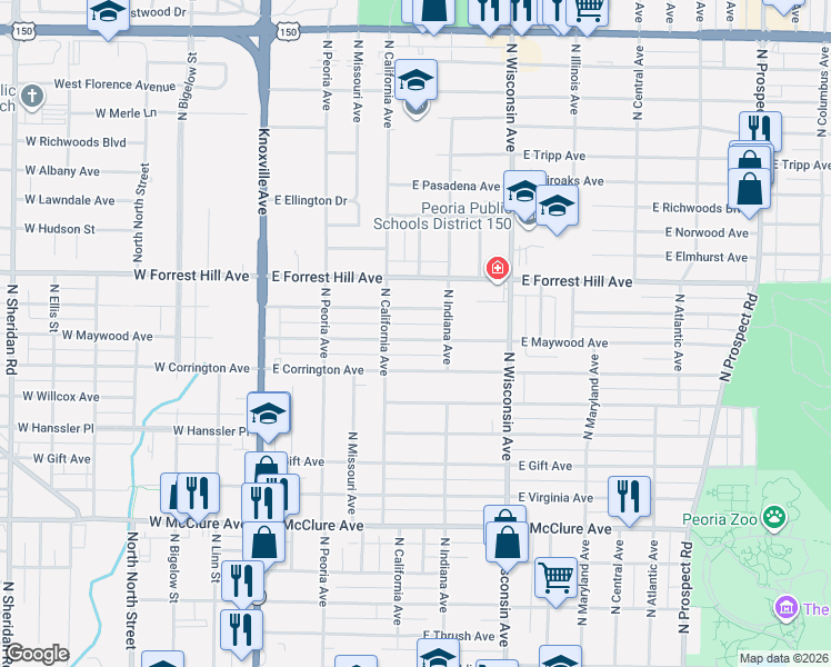 map of restaurants, bars, coffee shops, grocery stores, and more near 520 East Melbourne Avenue in Peoria