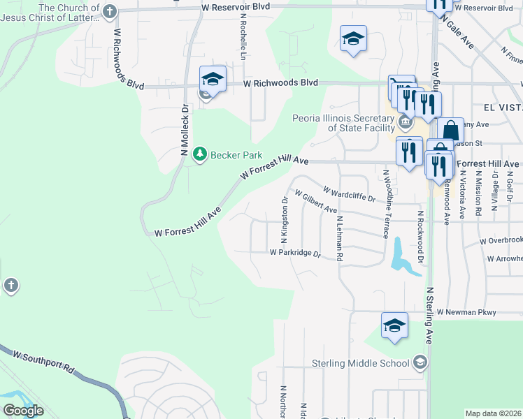 map of restaurants, bars, coffee shops, grocery stores, and more near 2808 Overbrook Court in Peoria