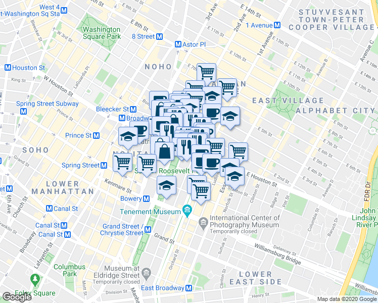 map of restaurants, bars, coffee shops, grocery stores, and more near 143 East Houston Street in New York