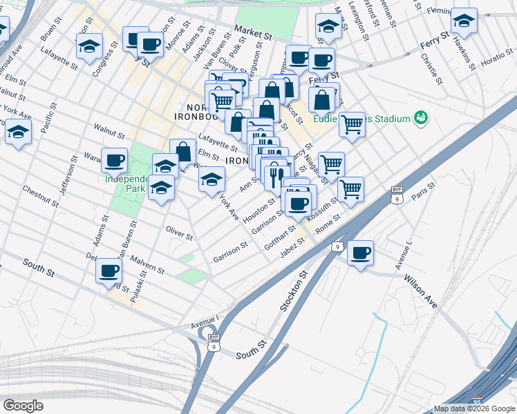 map of restaurants, bars, coffee shops, grocery stores, and more near 104 Houston Street in Newark