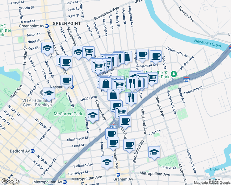 map of restaurants, bars, coffee shops, grocery stores, and more near 156 Driggs Avenue in Brooklyn