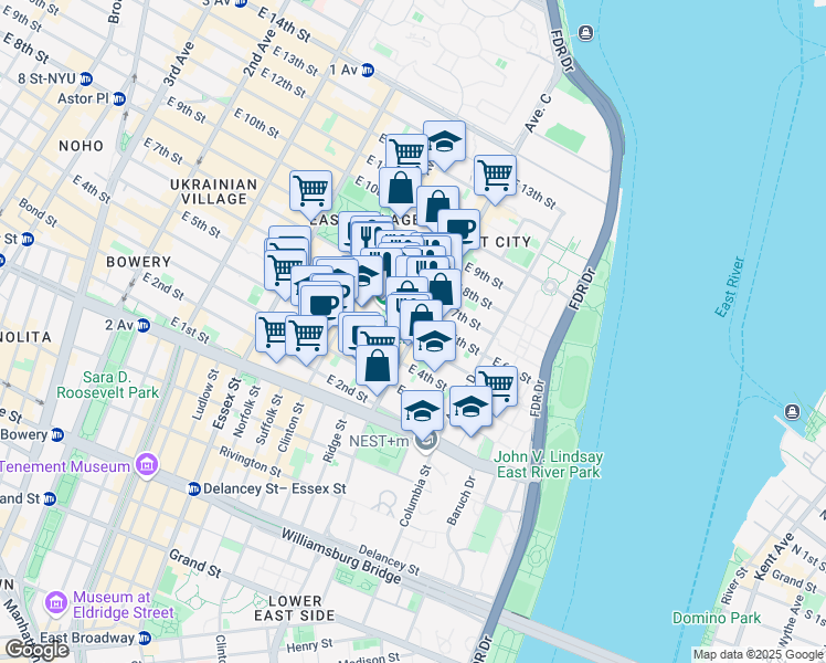 map of restaurants, bars, coffee shops, grocery stores, and more near 77 Avenue C in New York