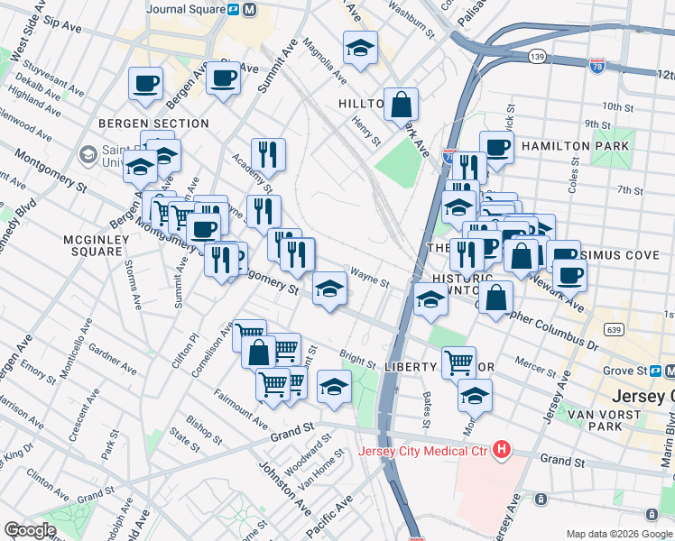 map of restaurants, bars, coffee shops, grocery stores, and more near 344 Wayne Street in Jersey City