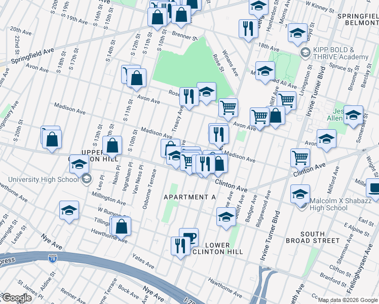 map of restaurants, bars, coffee shops, grocery stores, and more near 59 Seymour Avenue in Newark