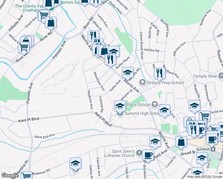 map of restaurants, bars, coffee shops, grocery stores, and more near 23 Webster Avenue in Summit