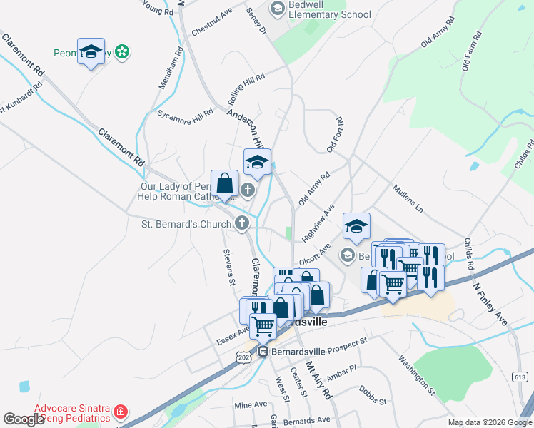 map of restaurants, bars, coffee shops, grocery stores, and more near 14 Bodnar Street in Bernardsville
