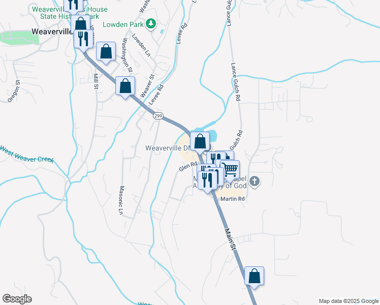 map of restaurants, bars, coffee shops, grocery stores, and more near 1450 Main Street in Weaverville