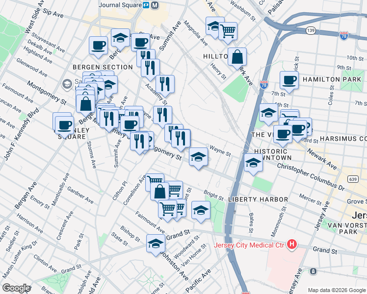 map of restaurants, bars, coffee shops, grocery stores, and more near 375 Mercer Loop in Jersey City