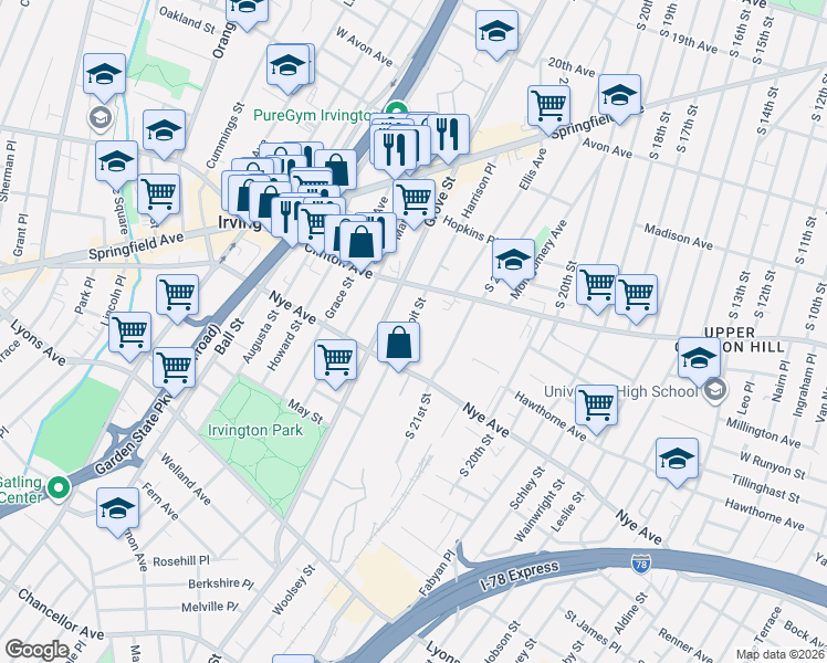map of restaurants, bars, coffee shops, grocery stores, and more near 35 Coit Street in Irvington