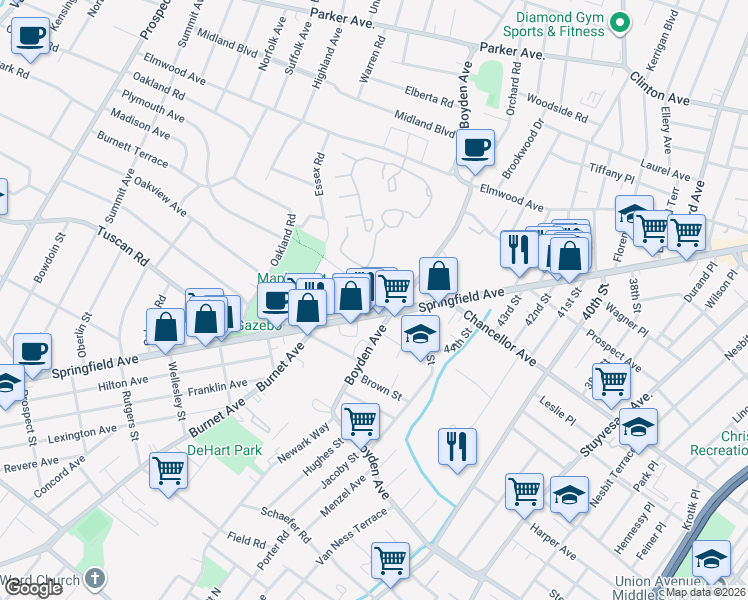 map of restaurants, bars, coffee shops, grocery stores, and more near 11 Boyden Parkway in Maplewood