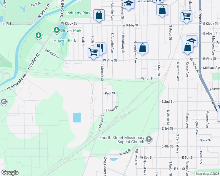 map of restaurants, bars, coffee shops, grocery stores, and more near 1119 South Metcalf Street in Lima