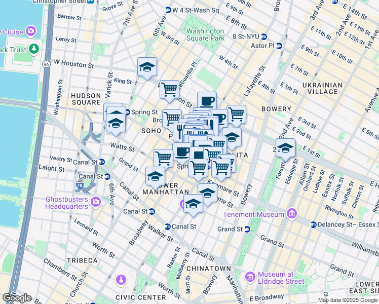 map of restaurants, bars, coffee shops, grocery stores, and more near 533 Broadway in New York