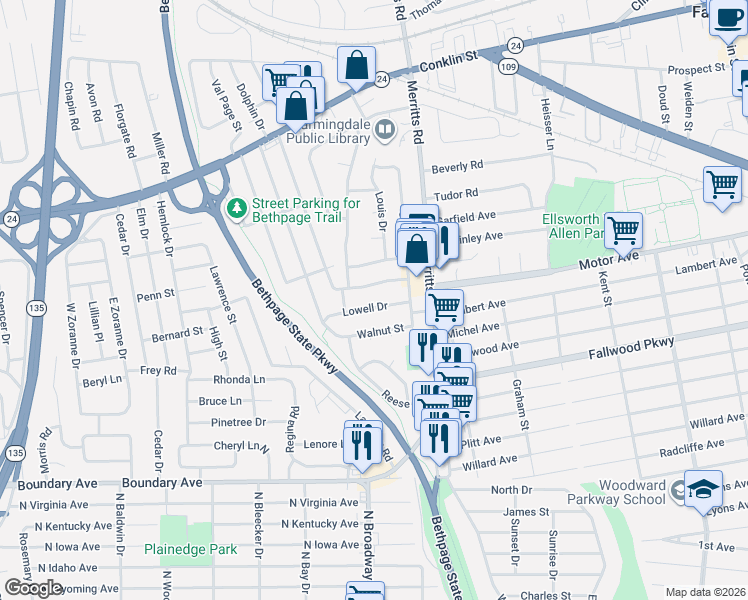 map of restaurants, bars, coffee shops, grocery stores, and more near 92 West Oak Street in Farmingdale