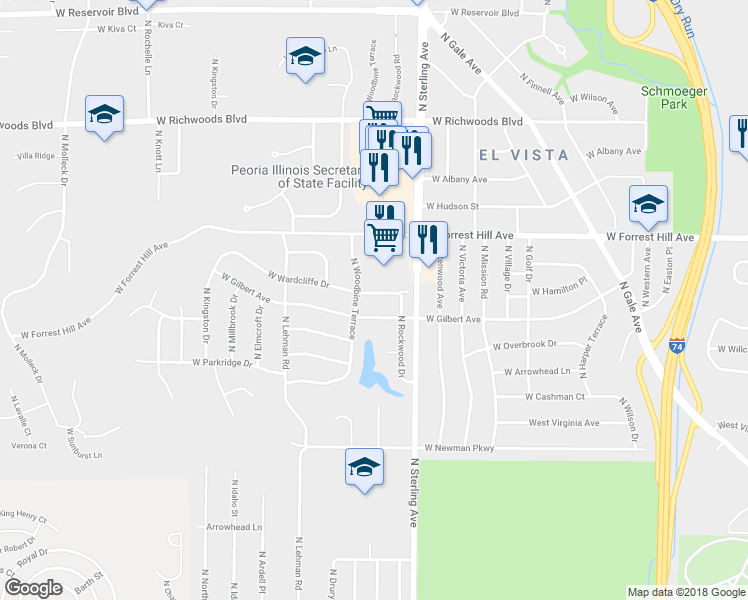 map of restaurants, bars, coffee shops, grocery stores, and more near 2604 West Wardcliffe Drive in Peoria