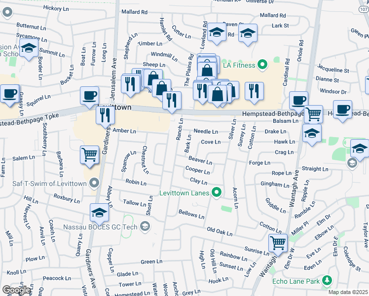 map of restaurants, bars, coffee shops, grocery stores, and more near 15 Bark Lane in Levittown