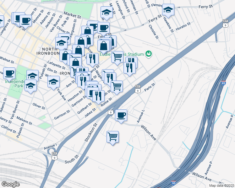 map of restaurants, bars, coffee shops, grocery stores, and more near 75 Rome Street in Newark