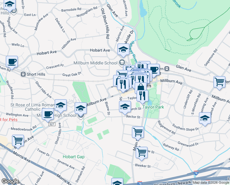 map of restaurants, bars, coffee shops, grocery stores, and more near 397 Millburn Avenue in Essex County