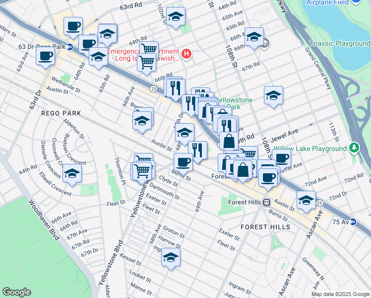 map of restaurants, bars, coffee shops, grocery stores, and more near 68-17 Austin Street in Queens