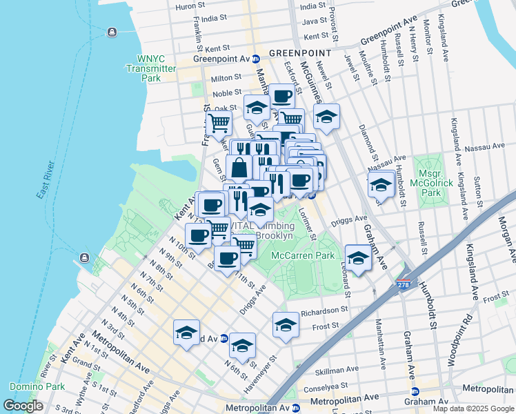 map of restaurants, bars, coffee shops, grocery stores, and more near 131 Banker Street in Brooklyn