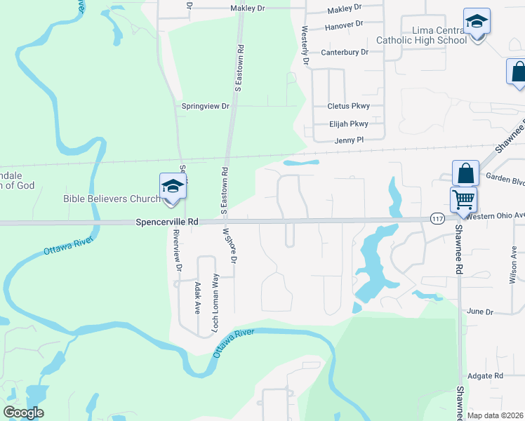 map of restaurants, bars, coffee shops, grocery stores, and more near 3147 Spring Blossoms Court in Lima