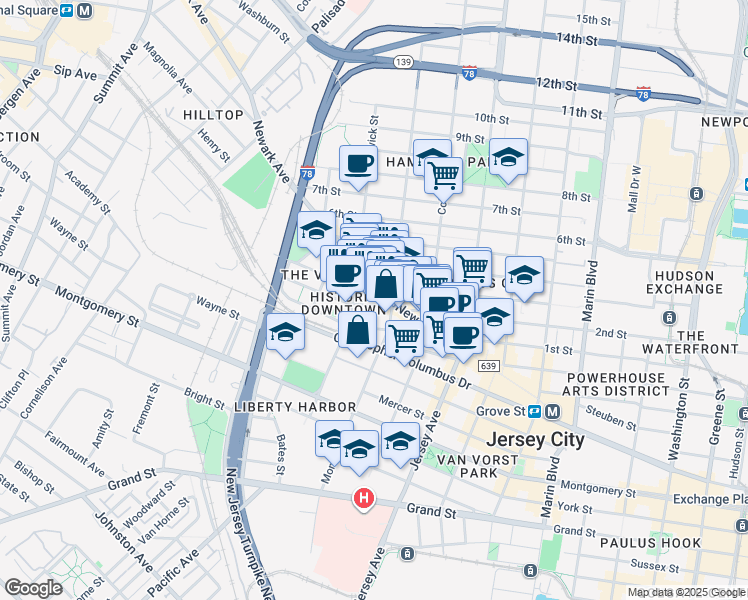 map of restaurants, bars, coffee shops, grocery stores, and more near 394 2nd Street in Jersey City