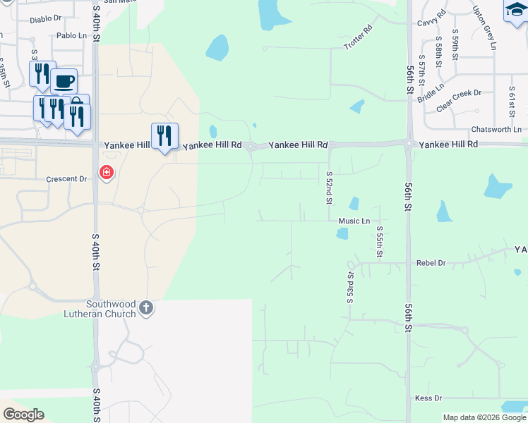 map of restaurants, bars, coffee shops, grocery stores, and more near 4900 Music Lane in Lincoln
