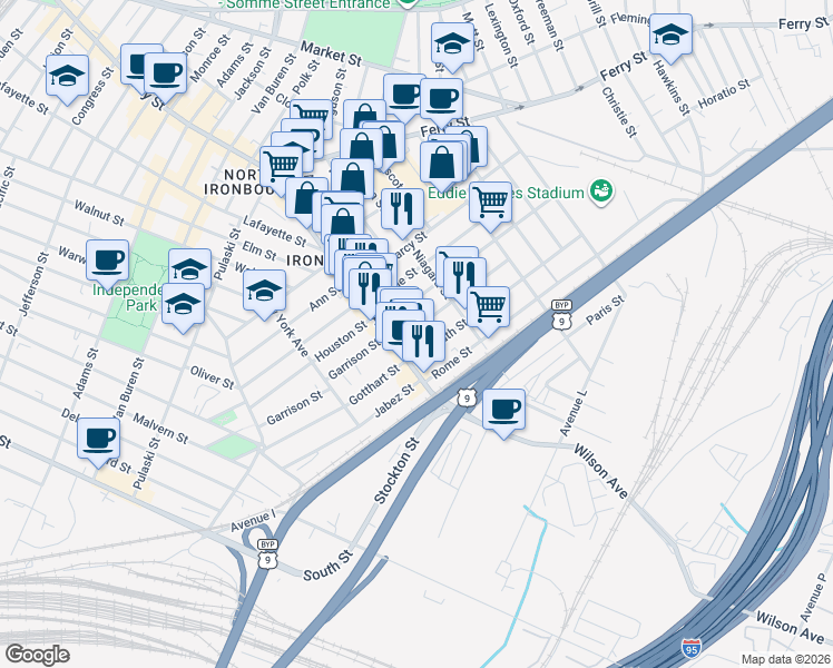 map of restaurants, bars, coffee shops, grocery stores, and more near 18 Barbara Street in Newark