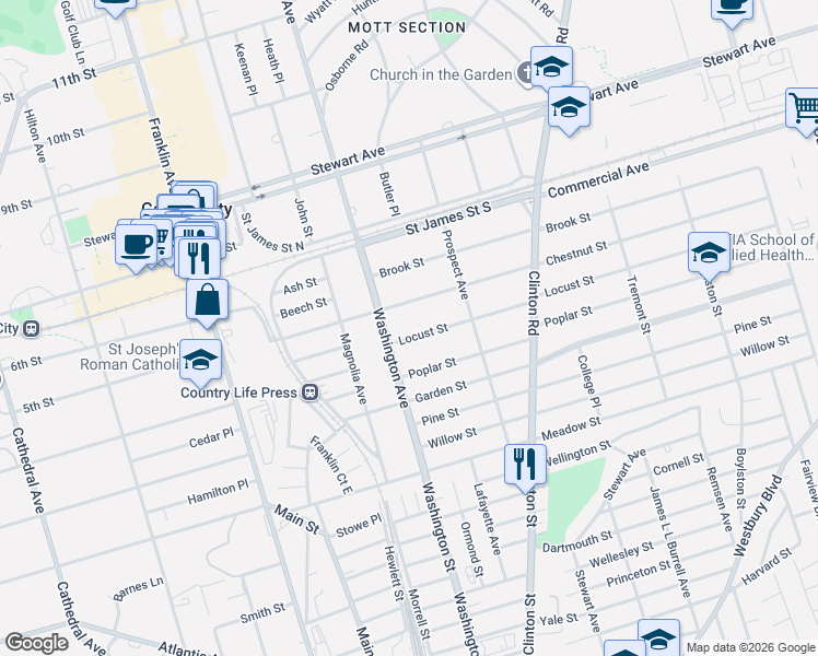 map of restaurants, bars, coffee shops, grocery stores, and more near 26 Chestnut Street in Garden City