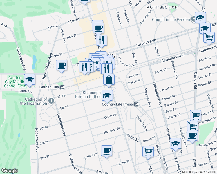 map of restaurants, bars, coffee shops, grocery stores, and more near 520 Franklin Avenue in Garden City