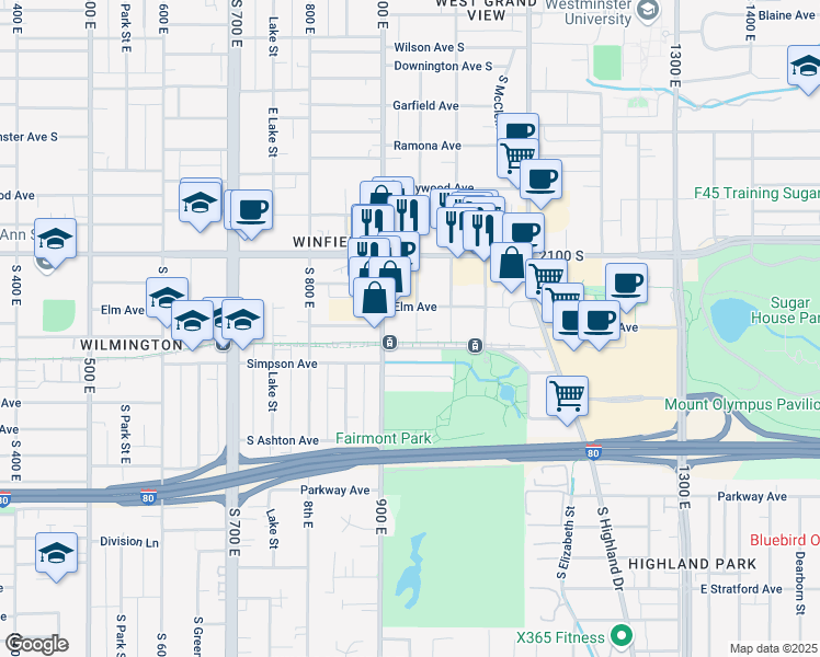 map of restaurants, bars, coffee shops, grocery stores, and more near 2190 Lincoln Street in Salt Lake City