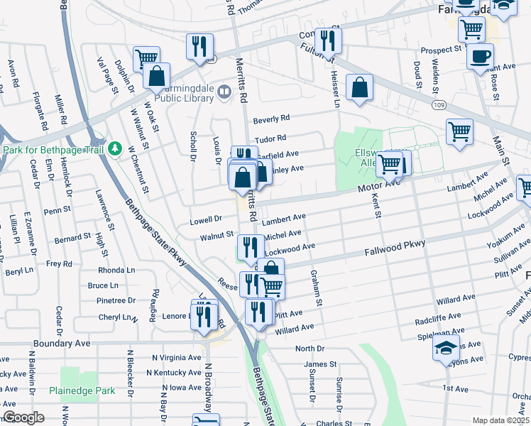map of restaurants, bars, coffee shops, grocery stores, and more near 195 Merritts Road in South Farmingdale