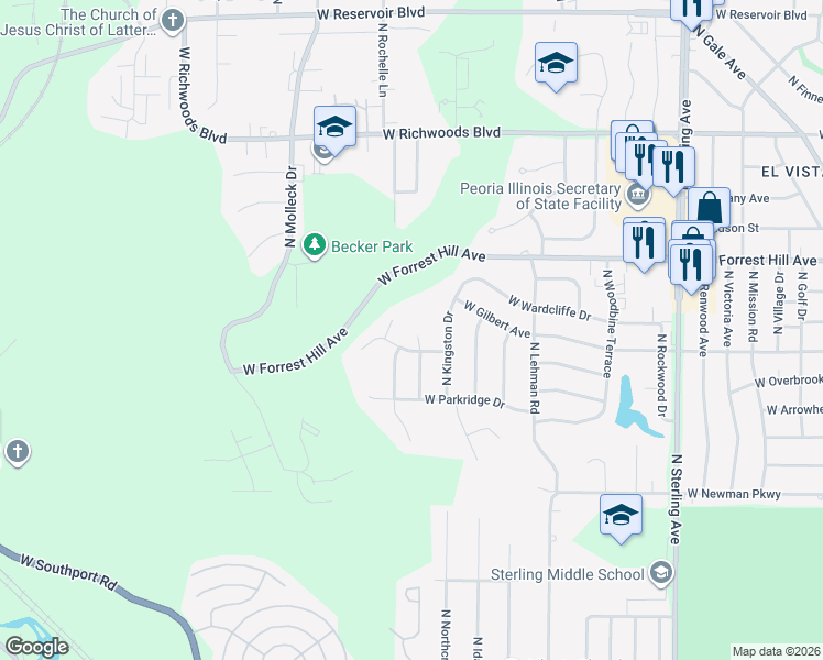 map of restaurants, bars, coffee shops, grocery stores, and more near 2808 Overbrook Court in Peoria