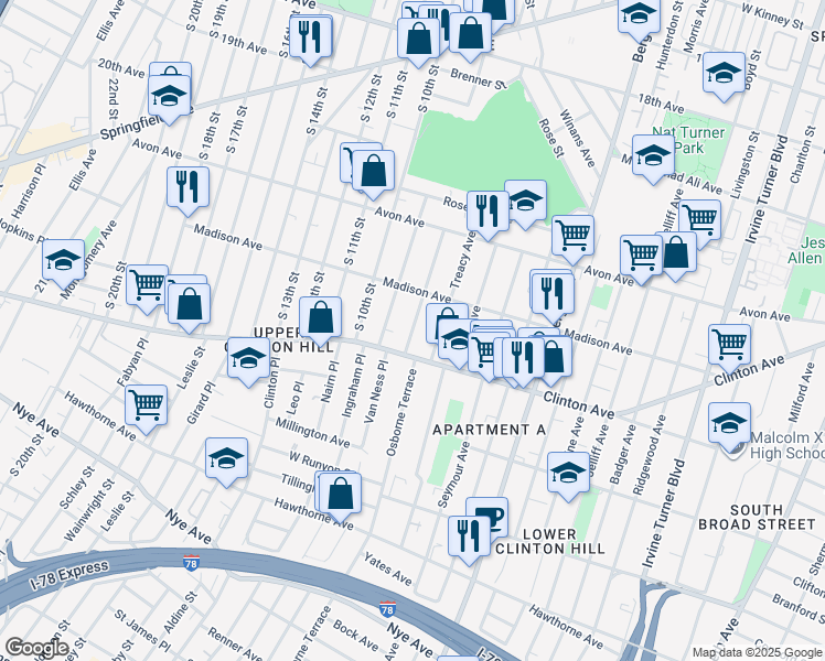 map of restaurants, bars, coffee shops, grocery stores, and more near 86 Baldwin Avenue in Newark