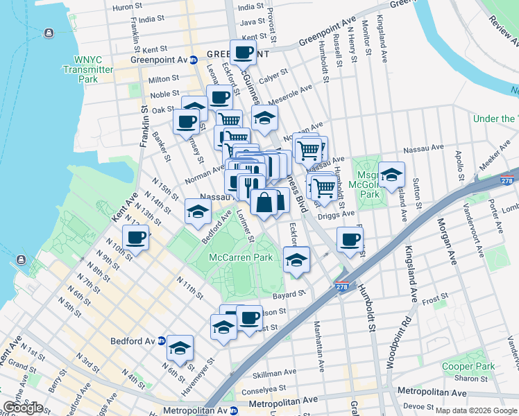 map of restaurants, bars, coffee shops, grocery stores, and more near 541 Leonard Street in Brooklyn