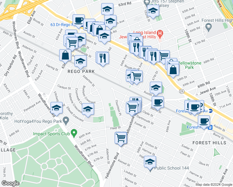 map of restaurants, bars, coffee shops, grocery stores, and more near 66-15 Thornton Place in Queens