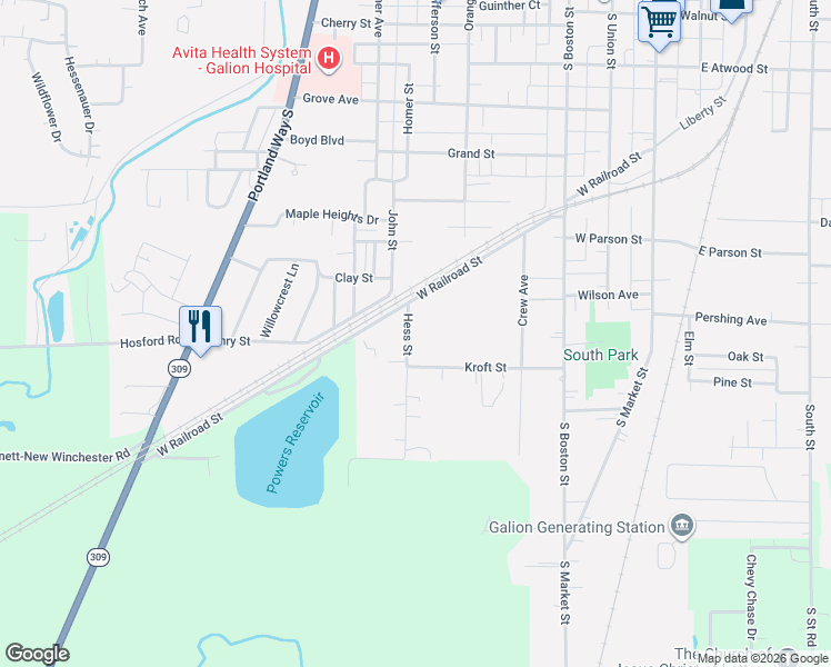 map of restaurants, bars, coffee shops, grocery stores, and more near 645 Hess Street in Galion