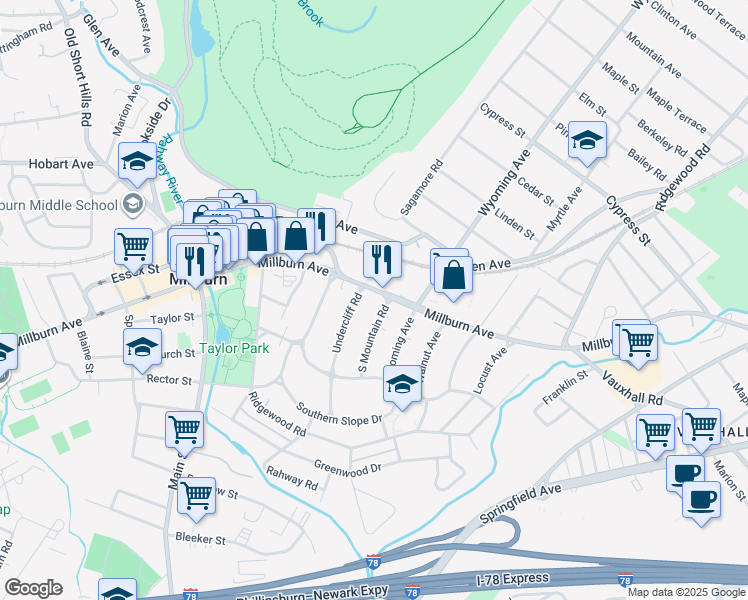 map of restaurants, bars, coffee shops, grocery stores, and more near 248 Millburn Avenue in Essex County