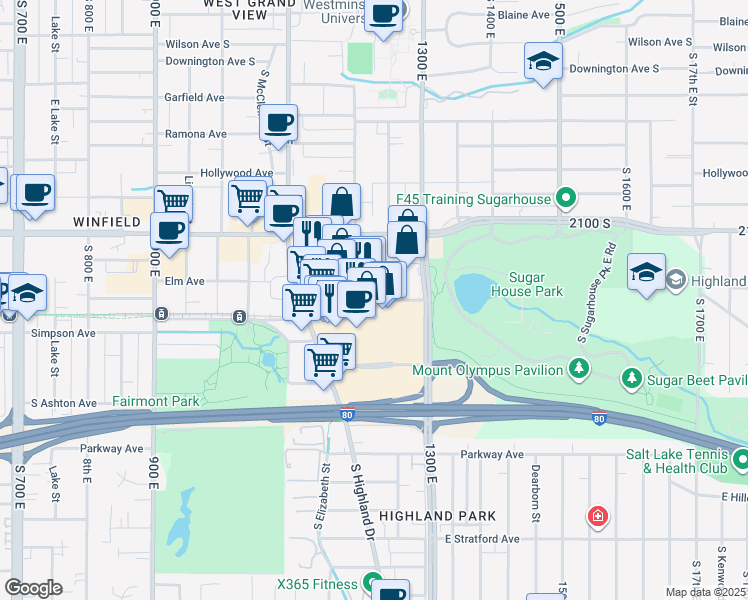 map of restaurants, bars, coffee shops, grocery stores, and more near 1215 Wilmington Avenue in Salt Lake City